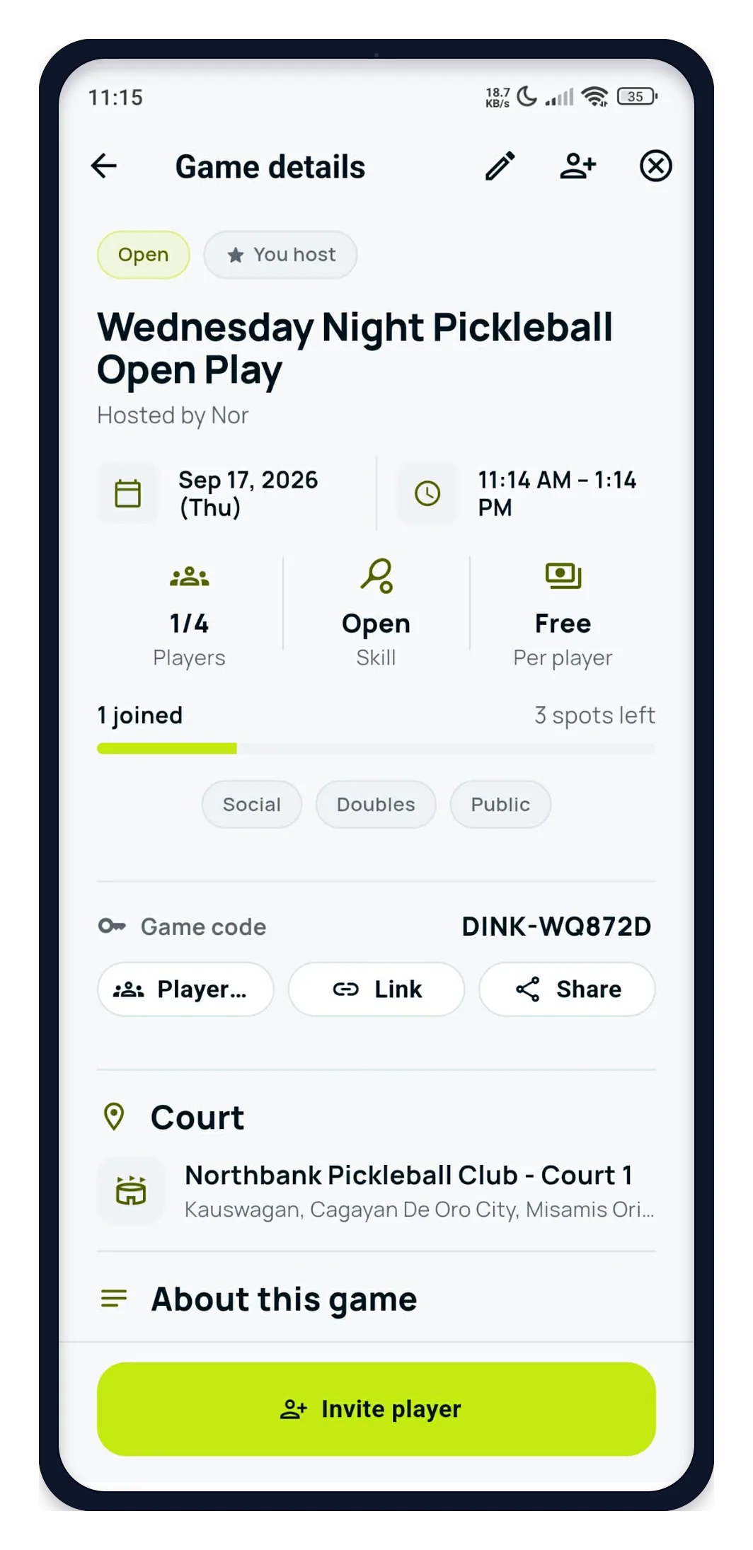 DINK pickleball game details